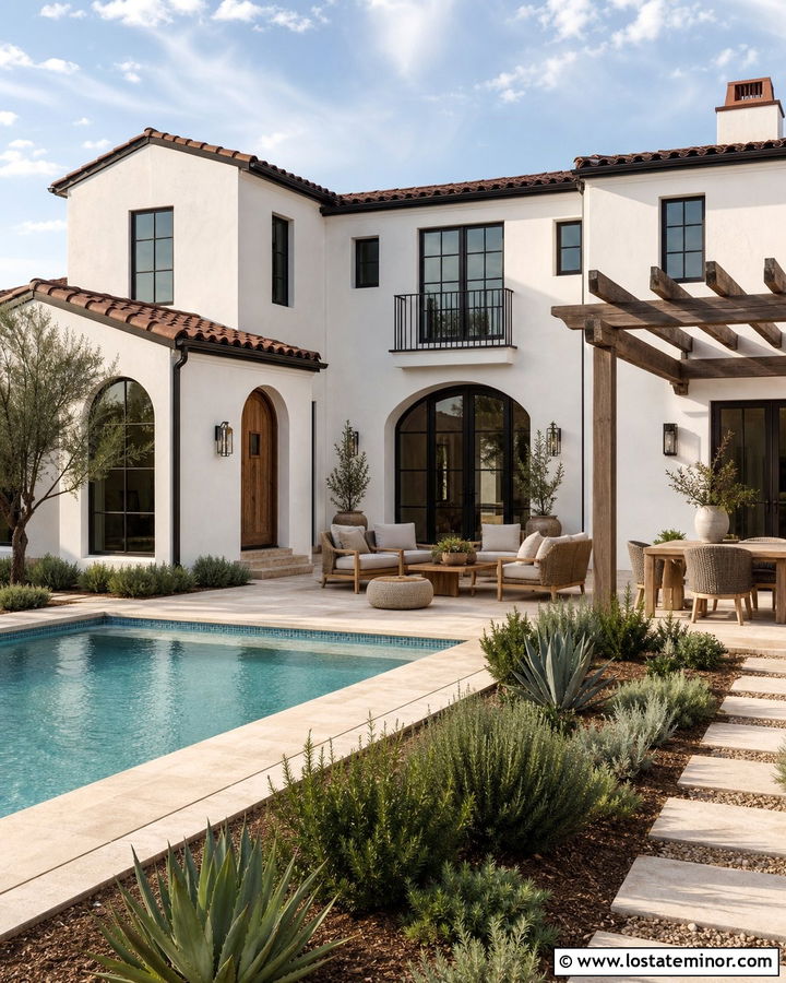 Warm White Stucco House With Travertine Pool Deck - 30 Warm White House Design With Swimming Pool Ideas