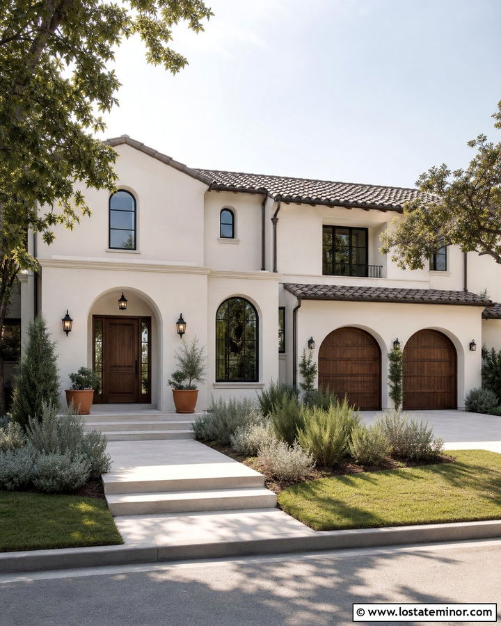 Warm White Stucco With Arched Sconces - 30 Warm White House Design With Light Fixtures Ideas