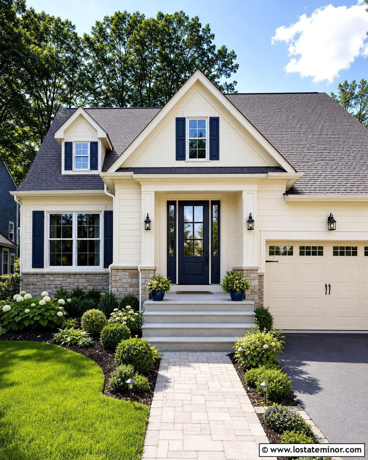 Warm White Suburban House With Navy Storm Door - 30 Warm White House Design With Storm Door Ideas