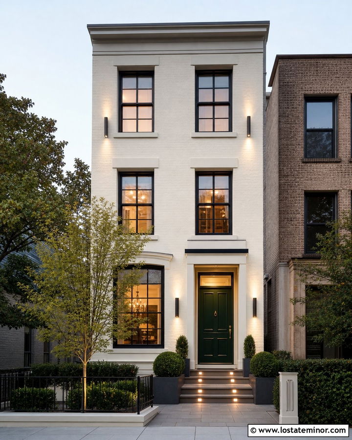 Warm White Townhouse With Narrow Beam Sconces - 30 Warm White House Design With Lighting Ideas