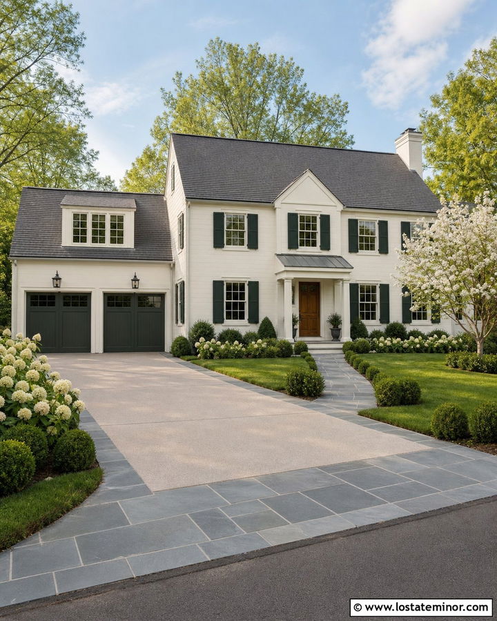 Warm White Traditional House With Bluestone Driveway Border - 30 Warm White House Design With Driveway Ideas