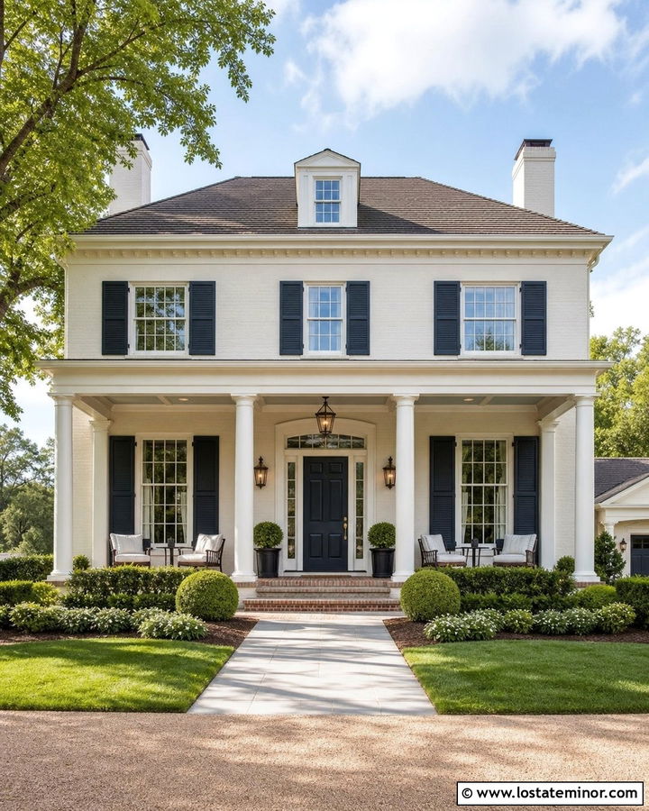 Warm White Traditional House With Coffered Porch Ceiling - 30 Warm White House Design With Porch Ceiling Ideas