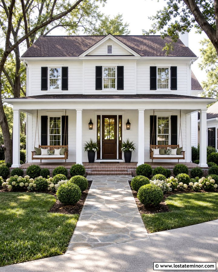 Warm White Traditional House With Double Porch Swings - 30 Warm White House Design With Swing Ideas