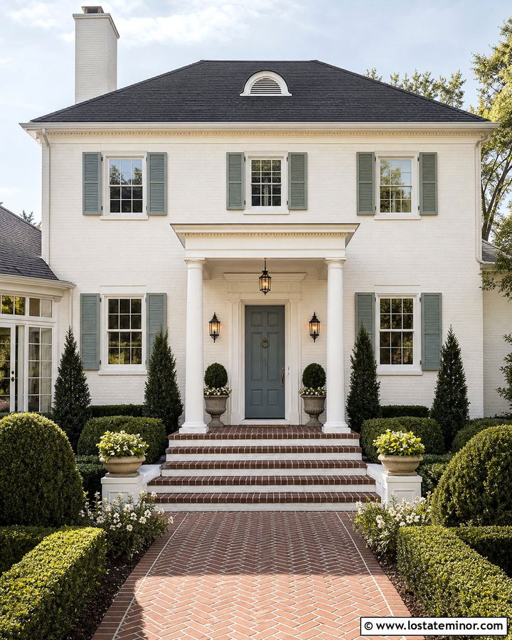Warm White Traditional House With Herringbone Brick Steps - 30 Warm White House Design With Steps Ideas