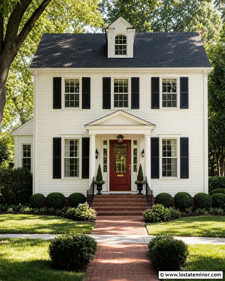 Warm White Traditional House With Red Storm Door - 30 Warm White House Design With Storm Door Ideas