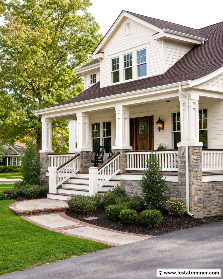 Warm White Traditional House With Two Tone Railings - 30 Warm White House Design With Railings Ideas