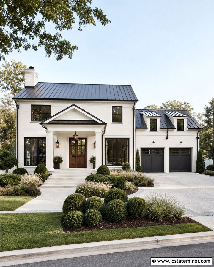 Warm White Transitional House With Black Portico - 30 Warm White House Design With Portico Ideas