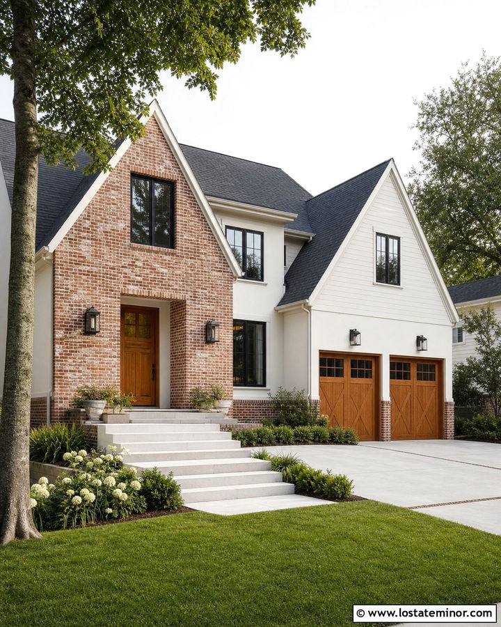 Warm White Transitional House With Brick Accents - 30 Warm White House Design With Brick Accents Ideas