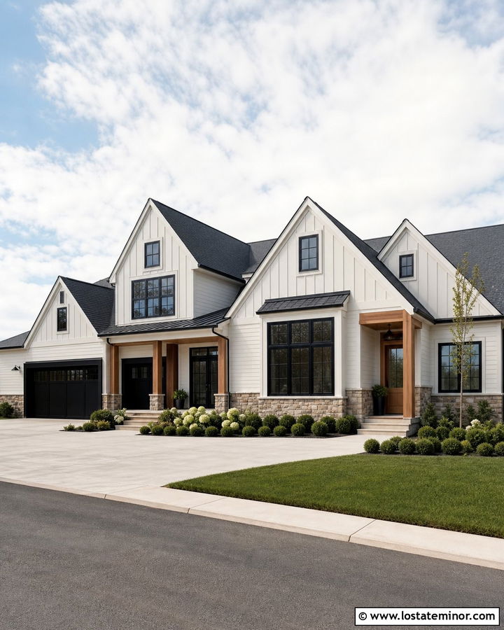 Warm White Transitional House With Charcoal Gables - 30 Warm White House Design With Gables Ideas