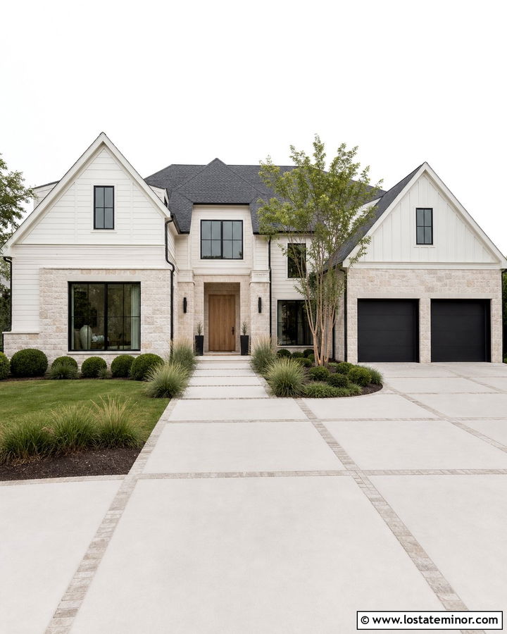 Warm White Transitional House With Concrete And Stone Bands - 30 Warm White House Design With Driveway Ideas