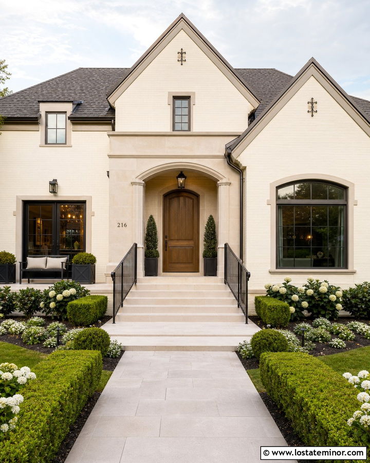 Warm White Transitional House With Cream Stone Steps - 30 Warm White House Design With Steps Ideas