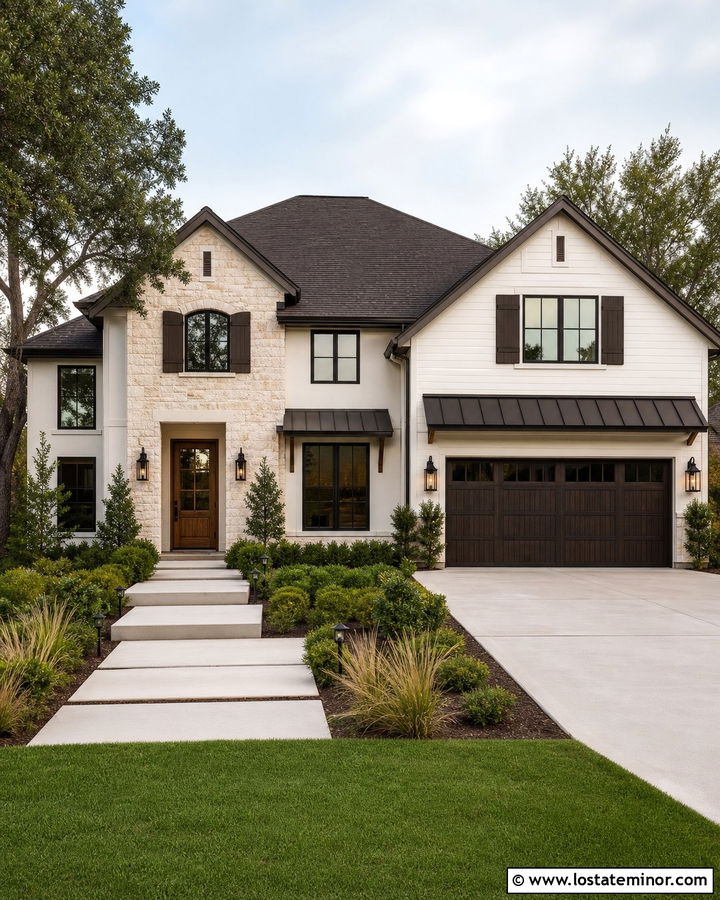 Warm White Transitional House With Espresso Shutters - 30 Warm White House Design With Shutters Ideas