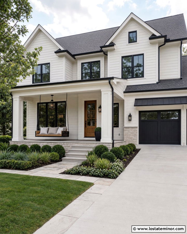 Warm White Transitional House With Metal Swing - 30 Warm White House Design With Swing Ideas