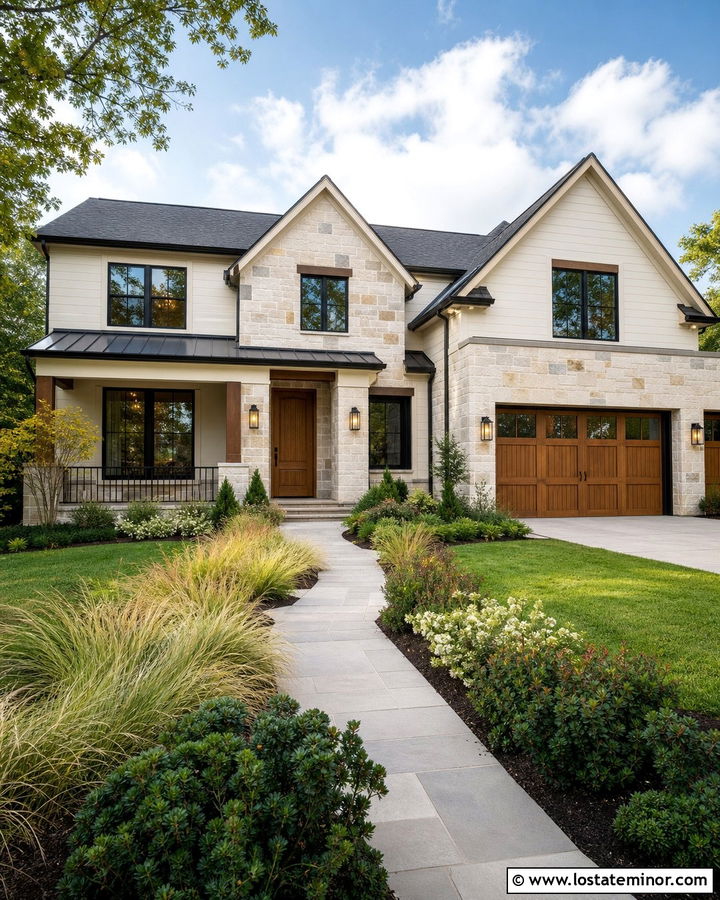 Warm White Transitional House With Mixed Stone - 30 Warm White House Design With Stone Accents Ideas