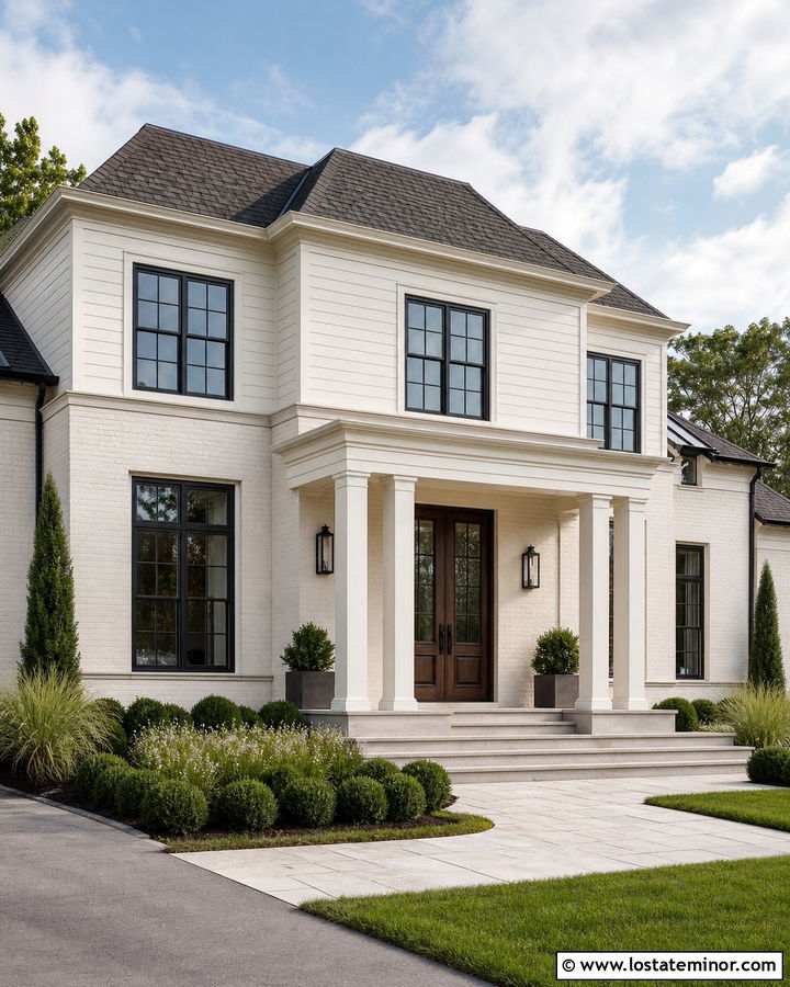 Warm White Transitional House With Paired Columns - 30 Warm White House Design With Porch Columns Ideas