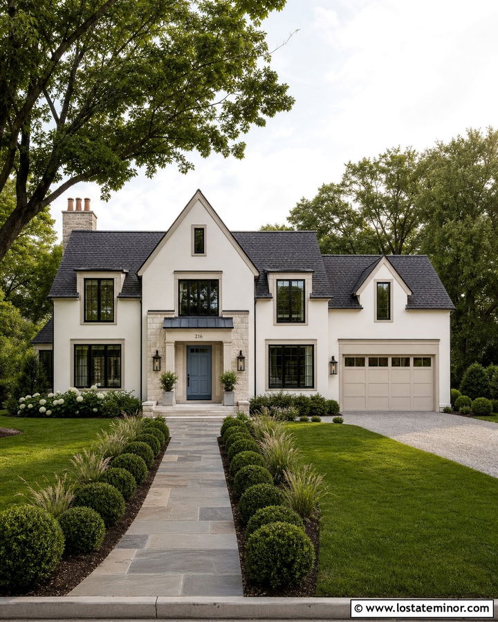 Warm White Transitional House With Slate Blue Front Door - 30 Warm White House Design With Front Door Ideas