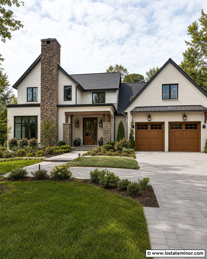 Warm White Transitional House With Taupe Stone Chimney - 30 Warm White House Design With Chimney Ideas