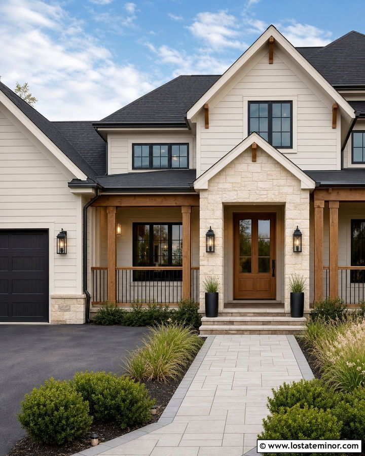 Warm White Transitional House With Wood And Metal Railings - 30 Warm White House Design With Railings Ideas