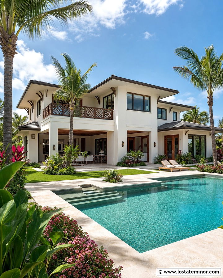 Warm White Tropical House With Palm Pool - 30 Warm White House Design With Swimming Pool Ideas