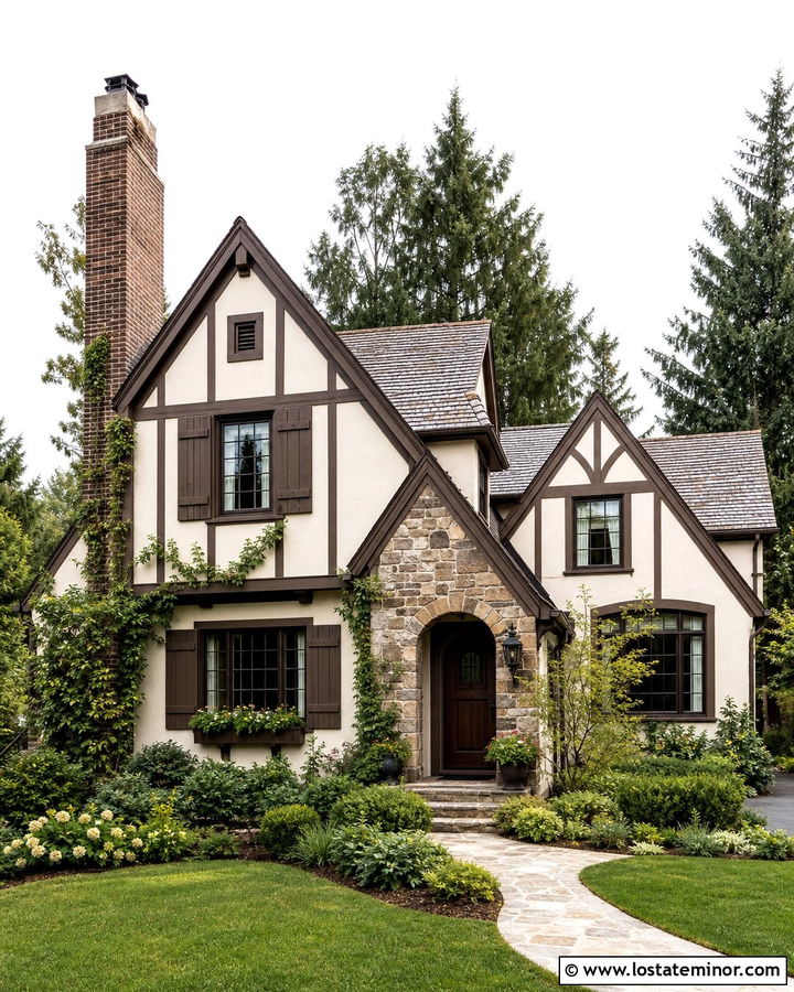 Warm White Tudor House With Bronze Shutters - 30 Warm White House Design With Shutters Ideas