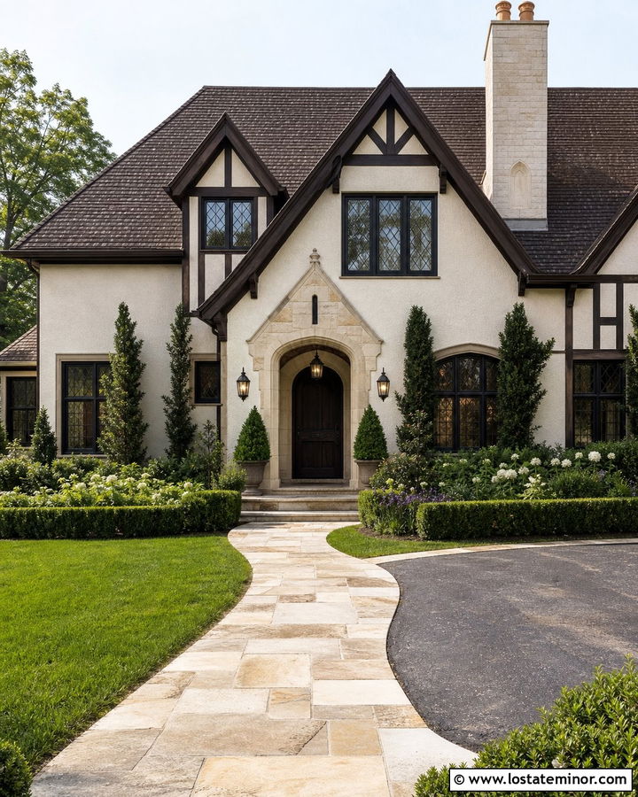 Warm White Tudor House With Cream Porch Ceiling - 30 Warm White House Design With Porch Ceiling Ideas