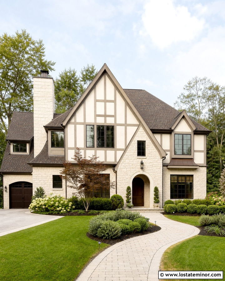 Warm White Tudor House With Cream Stone - 30 Warm White House Design With Stone Accents Ideas