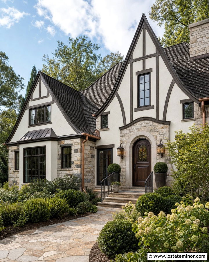 Warm White Tudor House With Dark Bronze Railings - 30 Warm White House Design With Railings Ideas