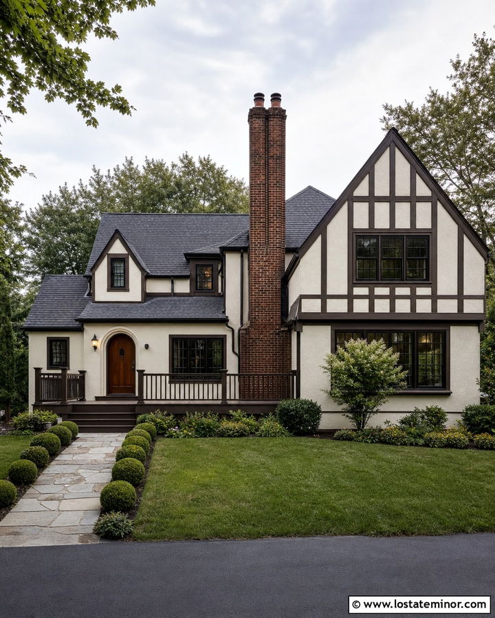 Warm White Tudor House With Dark Brown Deck - 30 Warm White House Design With Deck Ideas