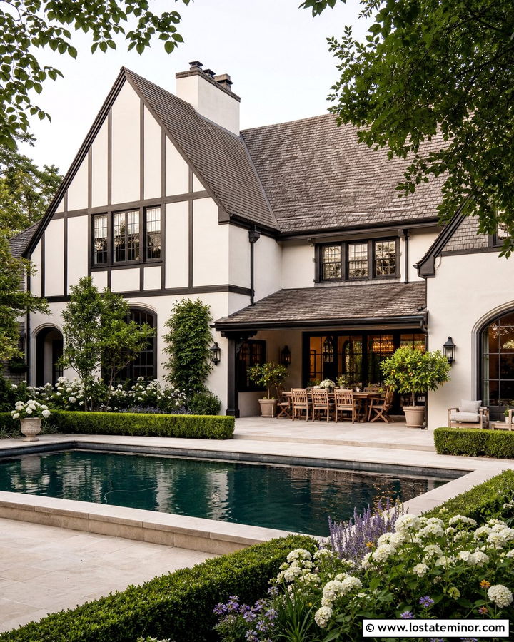 Warm White Tudor House With Dark Trim Pool - 30 Warm White House Design With Swimming Pool Ideas