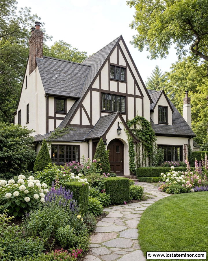 Warm White Tudor House With English Garden - 30 Warm White House Design With Landscaping Ideas