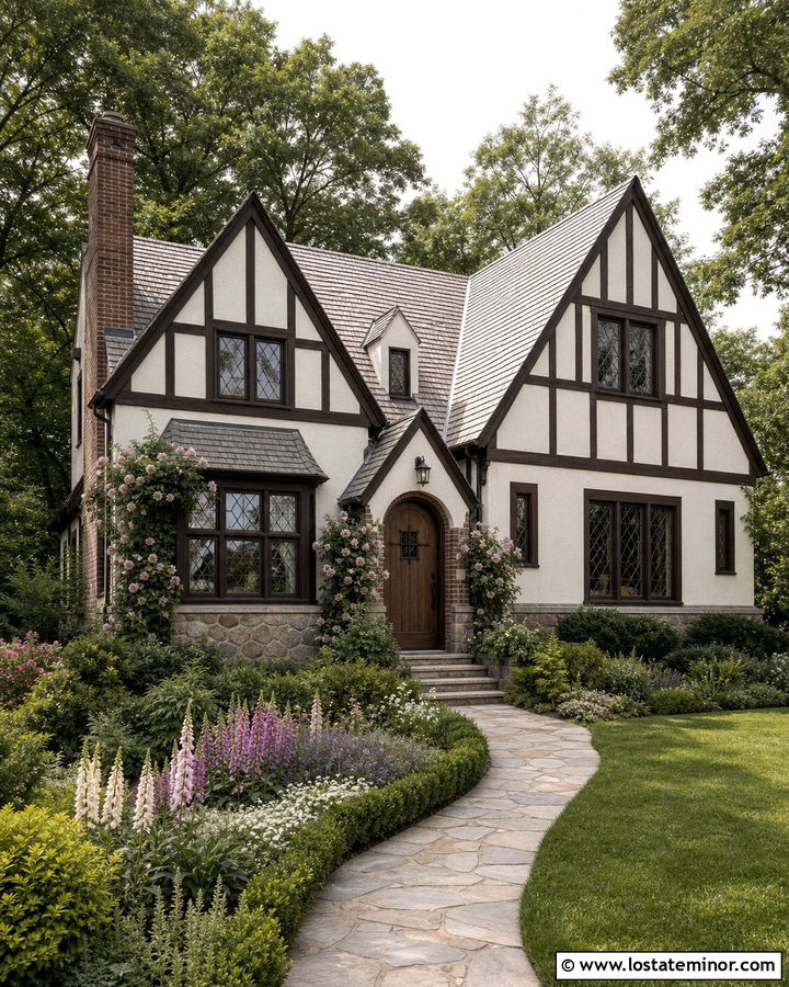 Warm White Tudor House With English Garden - 30 Warm White House Design With Front Yard Ideas