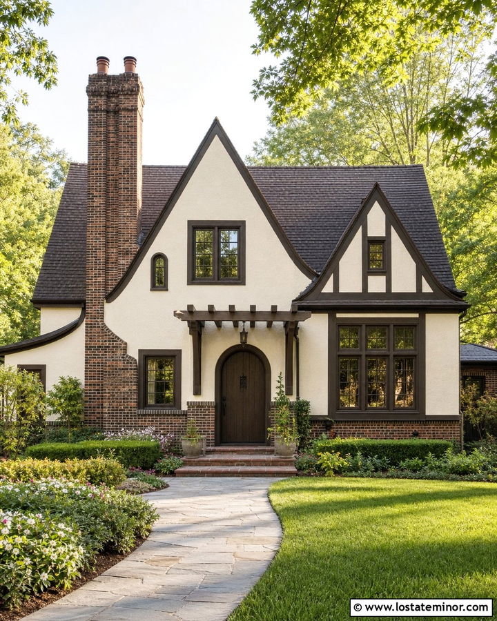 Warm White Tudor House With Entry Pergola - 30 Warm White House Design With Pergola Ideas