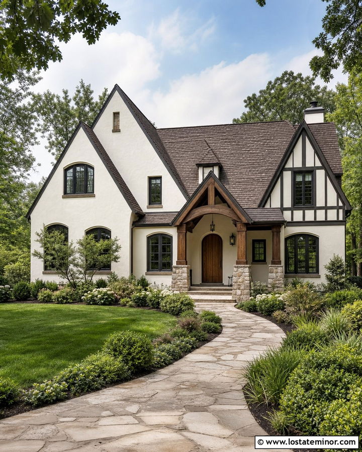 Warm White Tudor House With Oak Porch Columns - 30 Warm White House Design With Porch Columns Ideas