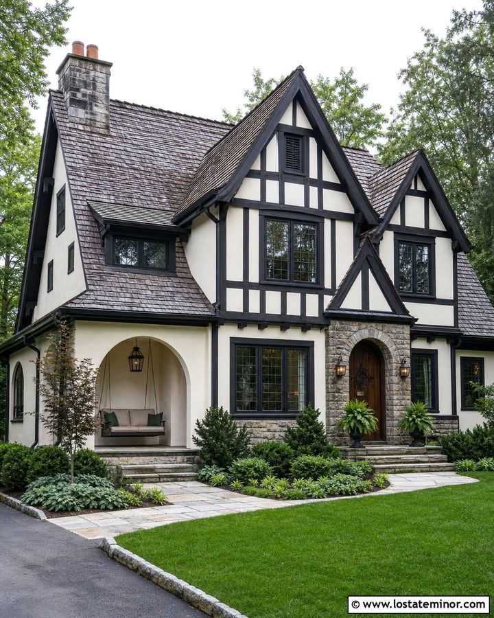 Warm White Tudor House With Oak Swing - 30 Warm White House Design With Swing Ideas