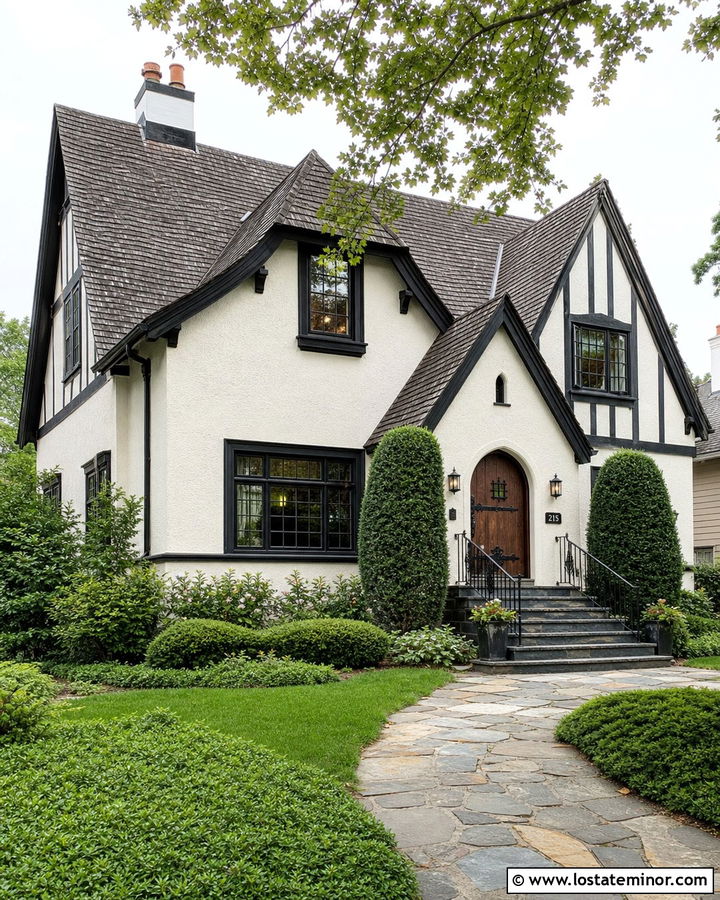 Warm White Tudor House With Slate Steps - 30 Warm White House Design With Steps Ideas