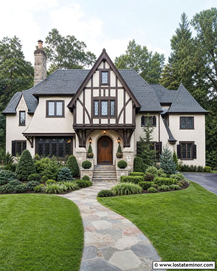 Warm White Tudor House With Steep Portico - 30 Warm White House Design With Portico Ideas