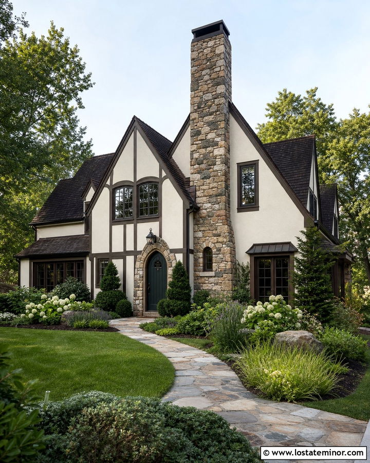 Warm White Tudor House With Stone Chimney - 30 Warm White House Design With Chimney Ideas