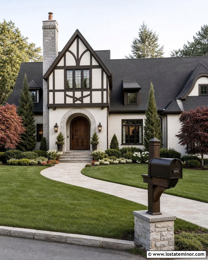 Warm White Tudor With Bronze Mailbox - 30 Warm White House Design With Mailbox Ideas