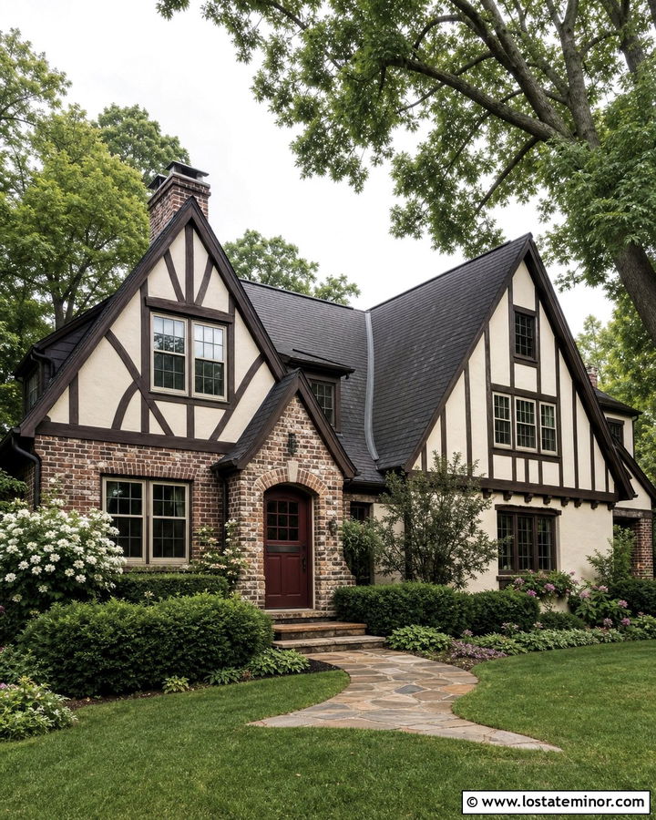 Warm White Tudor With Burgundy Dutch Door - 30 Warm White House Design With Dutch Door Ideas