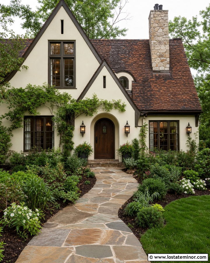 Warm White Tudor With Cedar Shake Gables - 30 Warm White House Design With Cedar Shake Ideas