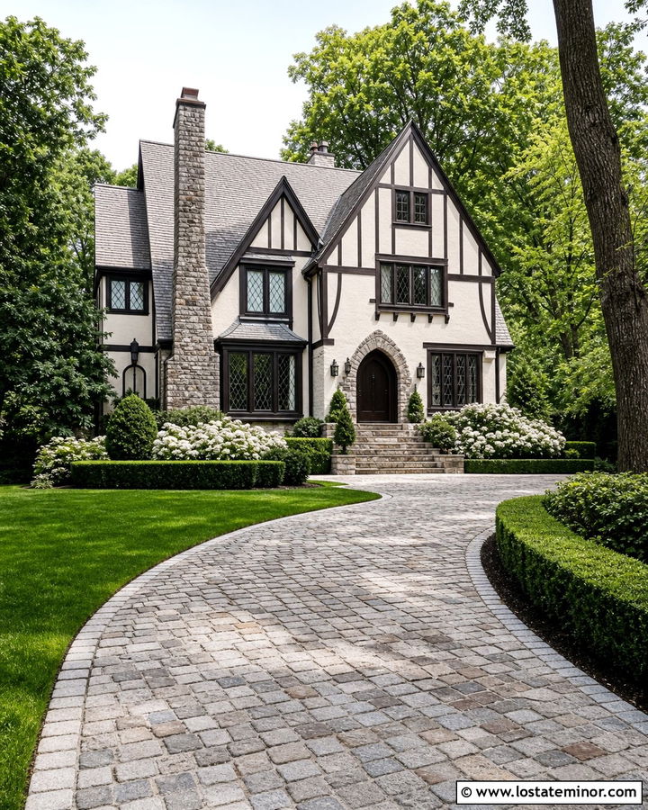 Warm White Tudor With Cobblestone Driveway - 30 Warm White House Design With Driveway Ideas