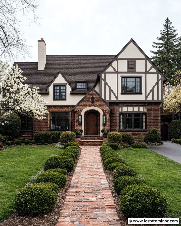 Warm White Tudor With Dark Brick Accents - 30 Warm White House Design With Brick Accents Ideas