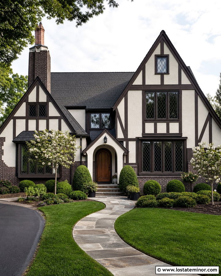 Warm White Tudor With Dark Brick Wainscoting - 30 Warm White House Design With Wainscoting Ideas
