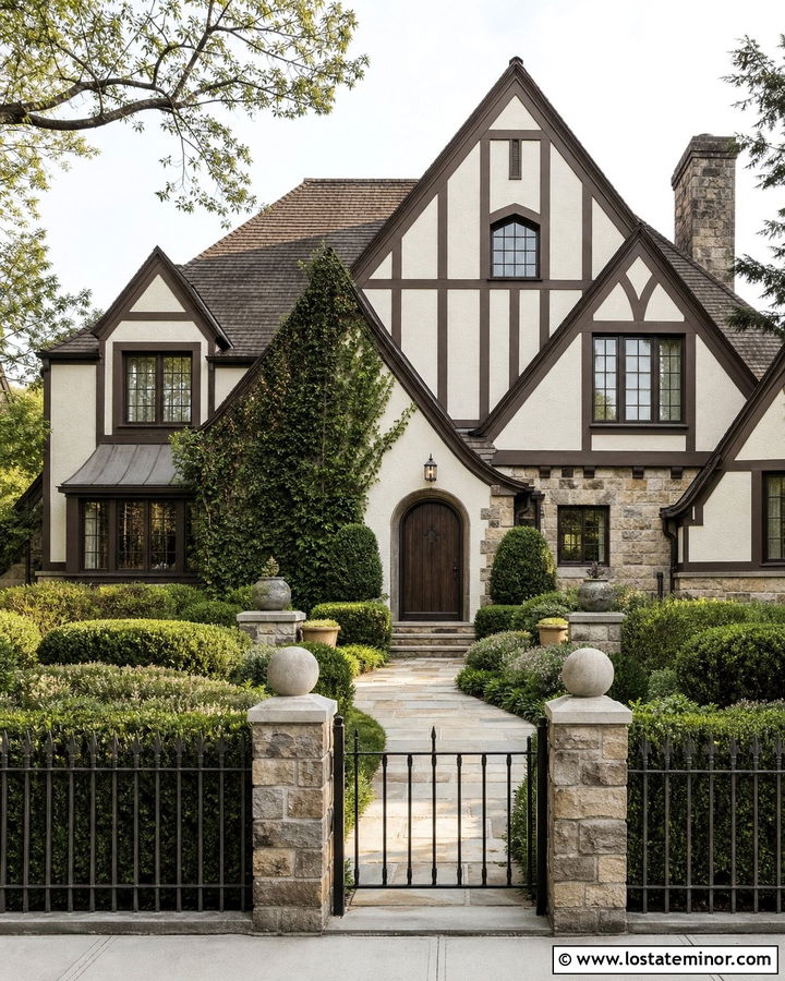 Warm White Tudor With Dark Bronze Fence - 30 Warm White House Design With Fence Ideas