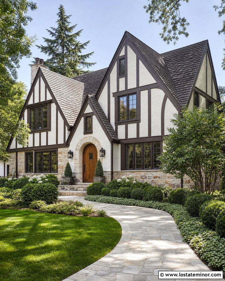 Warm White Tudor With Dark Brown Shingles - 30 Warm White House Design With Shingles Ideas