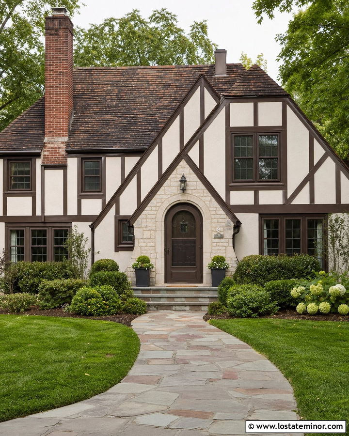 Warm White Tudor With Dark Brown Storm Door - 30 Warm White House Design With Storm Door Ideas