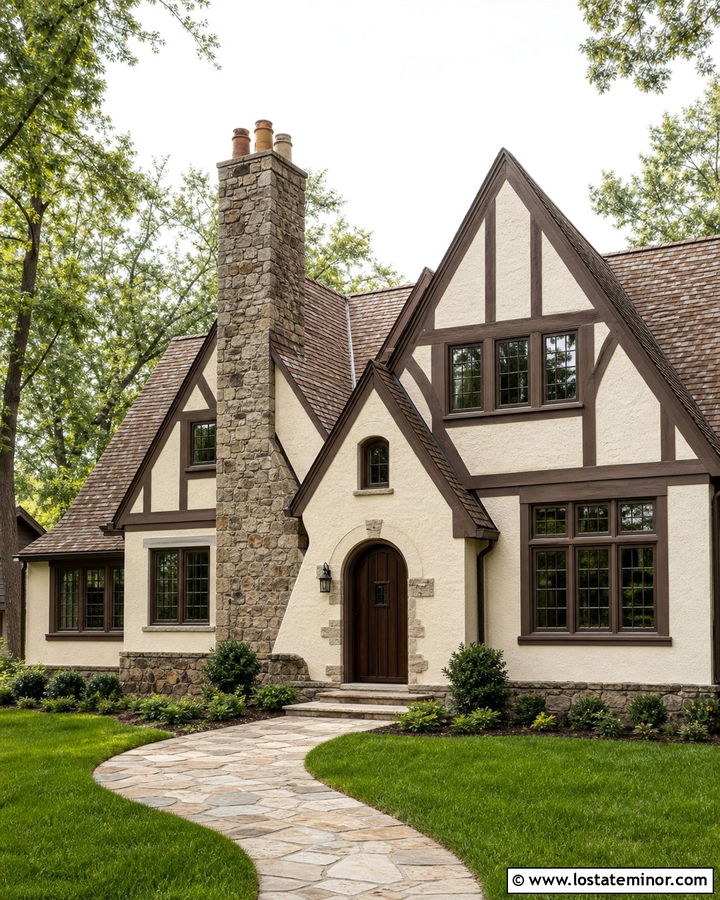 Warm White Tudor With Dark Gable Trim - 30 Warm White House Design With Gables Ideas