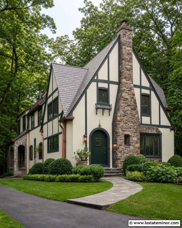 Warm White Tudor With Dark Green Front Door - 30 Warm White House Design With Front Door Ideas