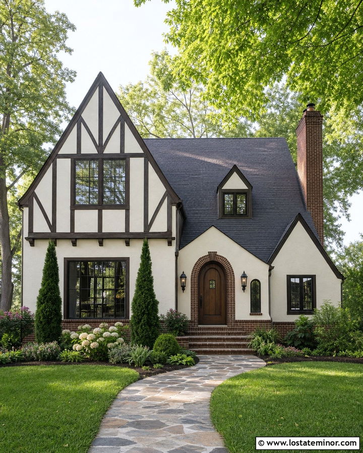 Warm White Tudor With Iron Lanterns - 30 Warm White House Design With Light Fixtures Ideas
