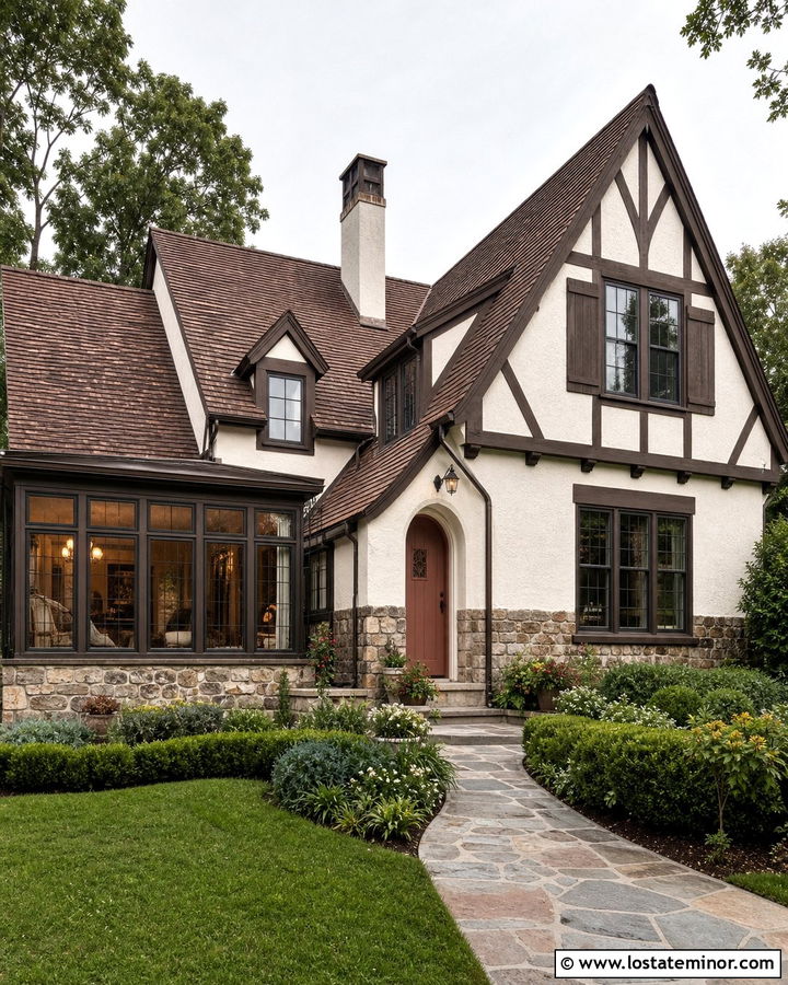 Warm White Tudor With Leaded Glass Sunroom - 30 Warm White House Design With Sunroom Ideas